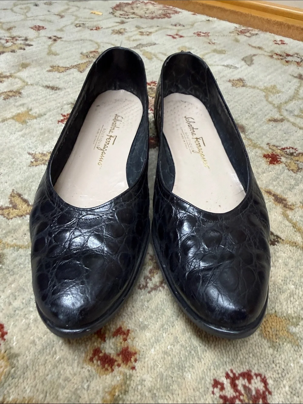 Salvatore Ferragamo Strana style Black Croc-Embossed Leather Flats